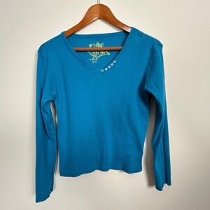 Hang Ten Long Sleeve Womens Teal V-Neck Cotton Thermal Shirt Size L